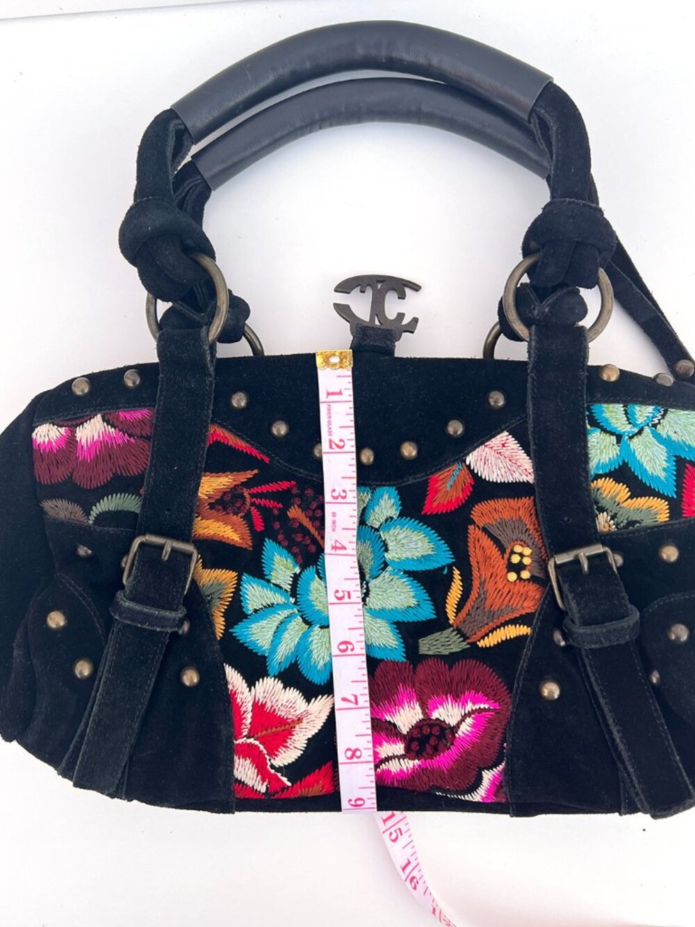 Just Cavalli Y2K Black Suede Floral Embroidered Boho Satchel Bag Studded JC - Picture 10 of 12